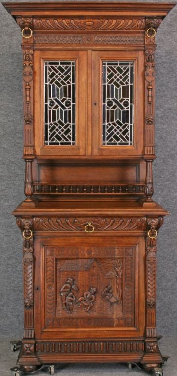 Antique Renaissance Mechelen Buffet Stained Glass Lions