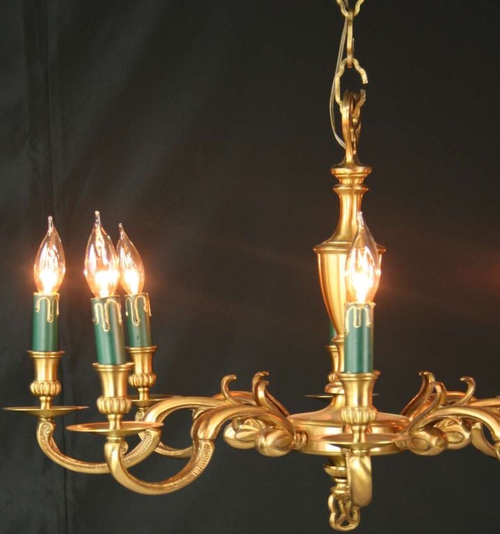 Vintage Art Nouveau Brass 8-Arm Chandelier Green Candle