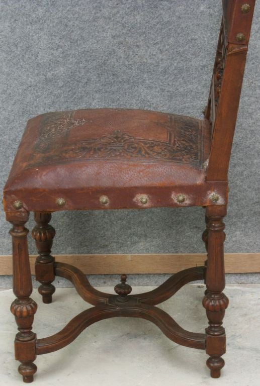 Leather Set 6 Antique French Carved Henry II Renaissance Chairs