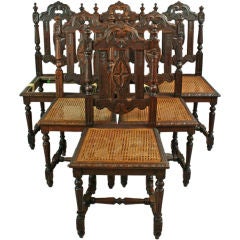 Antique French Set 6 Carved Oak Hunting Dining Chairs