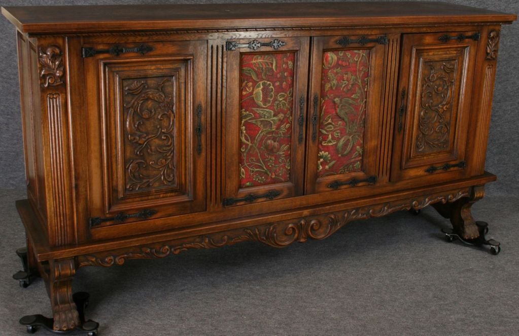 Vintage French Renaissance Sideboard Red Leather Birds