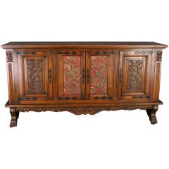 Vintage French Renaissance Sideboard Red Leather Birds