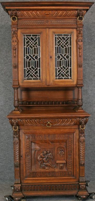 Antique Renaissance Mechelen Buffet Stained Glass Lions