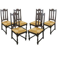 Vintage Set 6 French Country Rustic Oak Dining Chairs