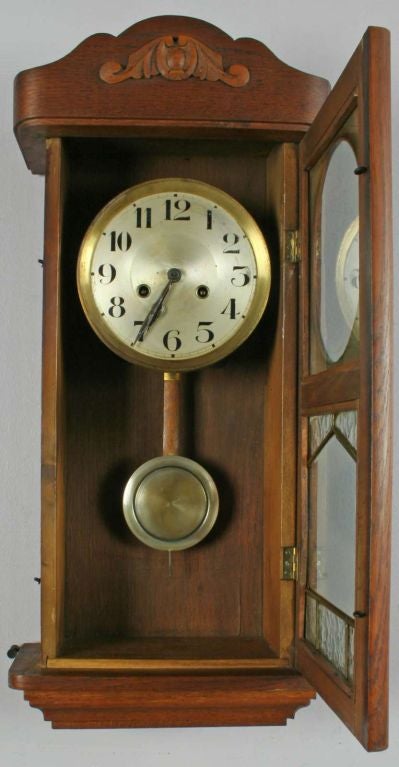 Vintage German Deco Regulator Wall Clock Leaded Glass 6