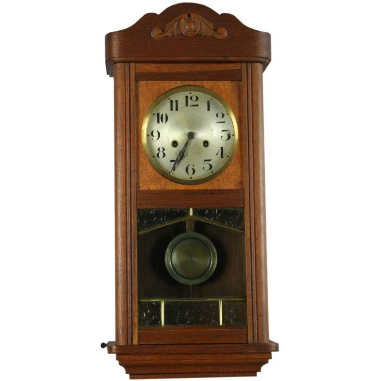 Vintage German Deco Regulator Wall Clock Leaded Glass