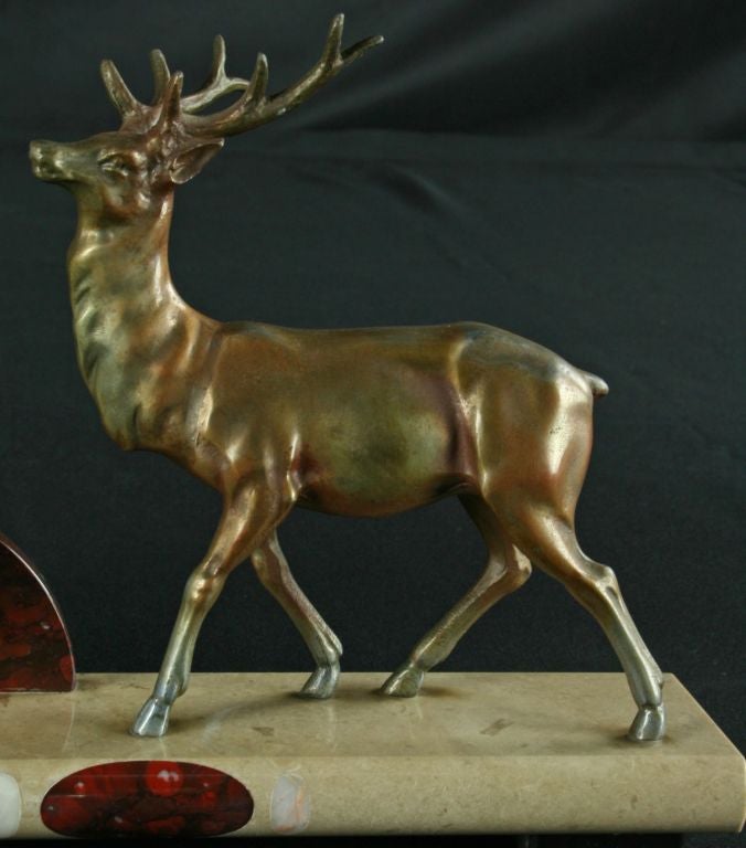 Vintage French Art Deco Marble Mantel Mantle Clock Deer For Sale 7
