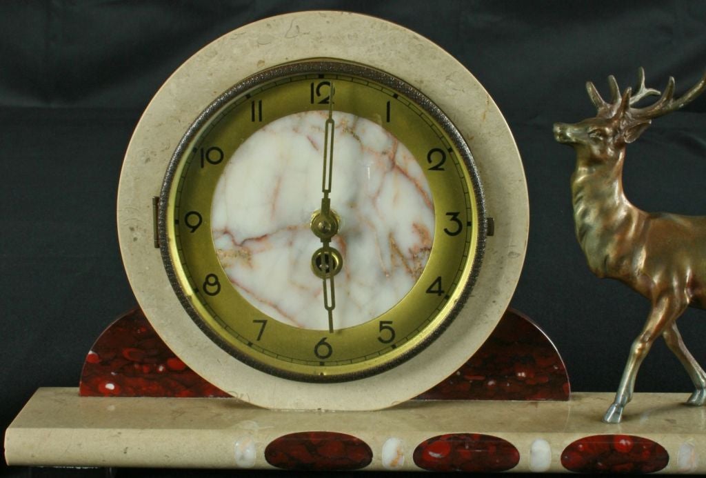 Vintage French Art Deco Marble Mantel Mantle Clock Deer For Sale 1
