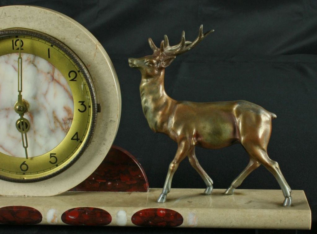 Vintage French Art Deco Marble Mantel Mantle Clock Deer For Sale 2