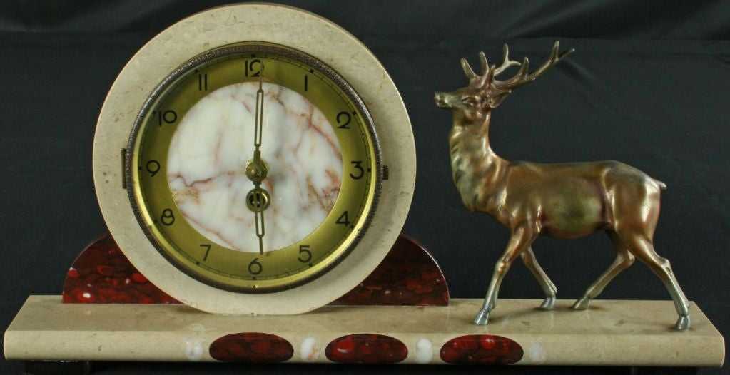 Vintage French Art Deco Marble Mantel Mantle Clock Deer For Sale 4