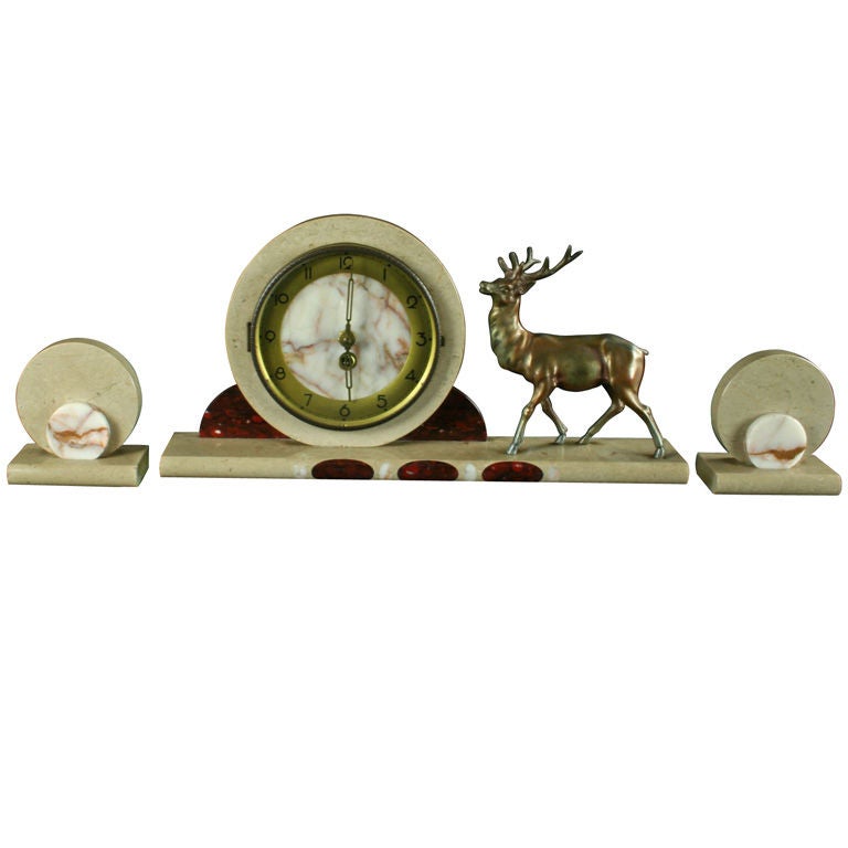 Vintage French Art Deco Marble Mantel Mantle Clock Deer For Sale