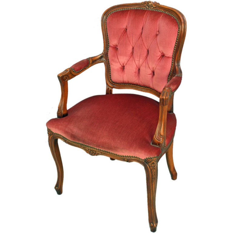 Vintage French Louis XV Mahogany Armchair Tufted Pink