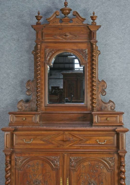 A French Hunting style Dresser Vanity Table in walnut with barley twist legs, bun feet, and a marble top