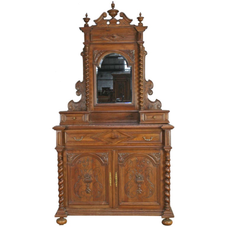 Antique French Walnut Marble Hunting Vanity Dresser For Sale