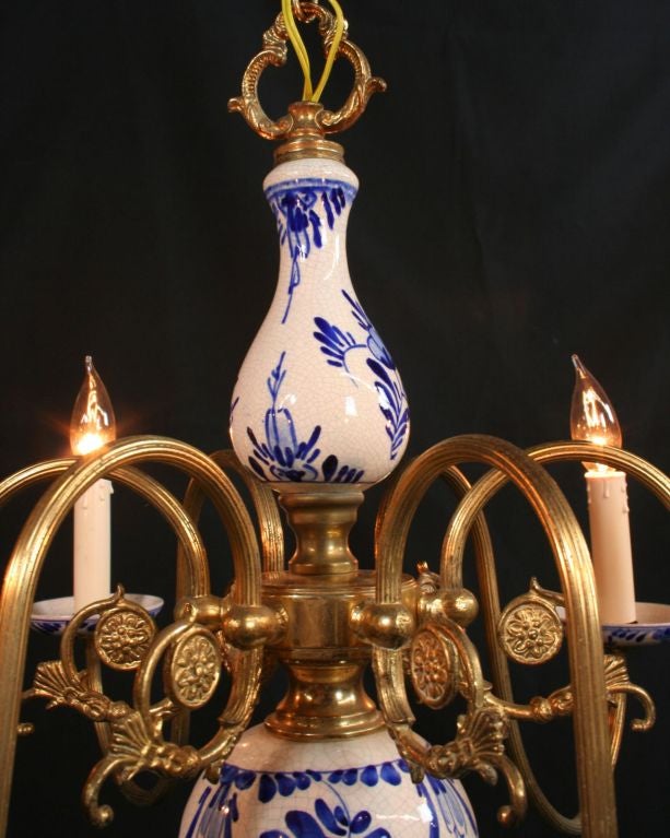 Vintage Blue Delft Hand-Painted 6-Arm Chandelier