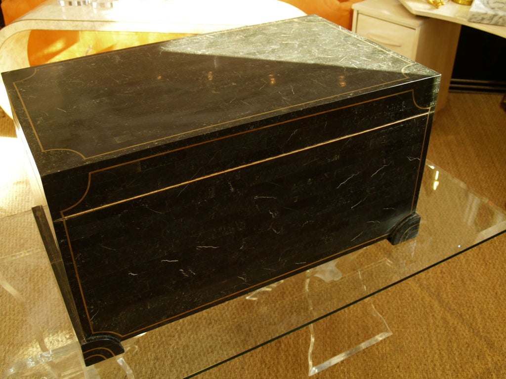 Late 20th Century Maitland-Smith Tessellated Stone Trunk with Brass Inlay