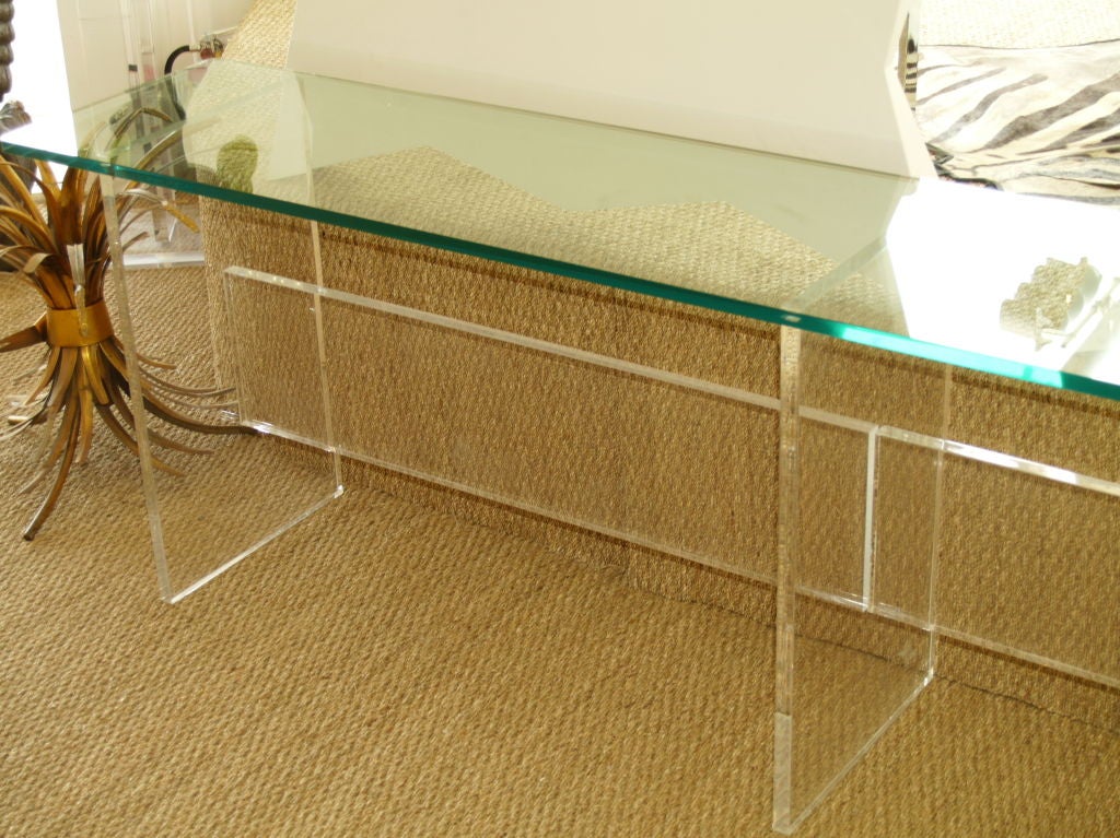 20th Century Exceptional Extra Long Low Console in Lucite w/Glass Top