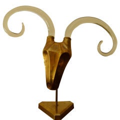 Sculptural Brass Ram and Glass Horn Sculpture