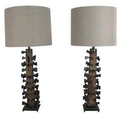 Pair of 18th Century Wood and Iron Spike Table Lamps