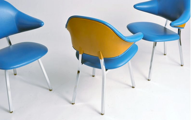 Three Vintage Shaw-Walker Aluminum Chairs in electric blue and chromed aluminum legs with original Shaw Walker labels. $650 each; three for $1700