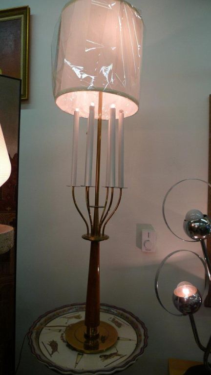 Tall Brass & Teak Six Candle Table Lamp very much in the style of Tommi Parzinger.