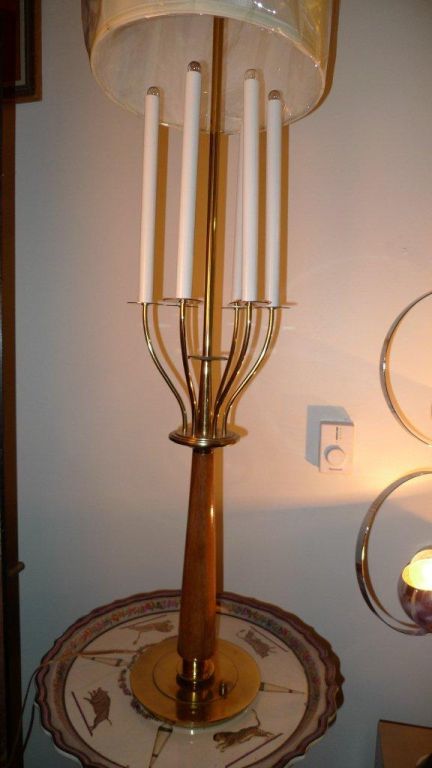 American Tall Brass & Teak Candelabra Table Lamp For Sale