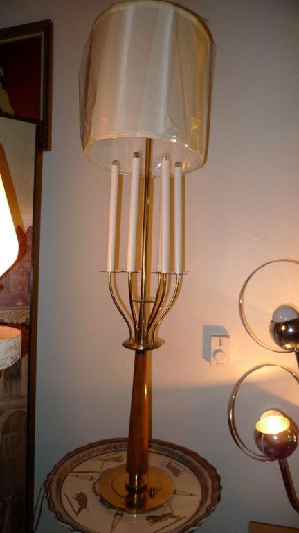 Mid-20th Century Tall Brass & Teak Candelabra Table Lamp For Sale