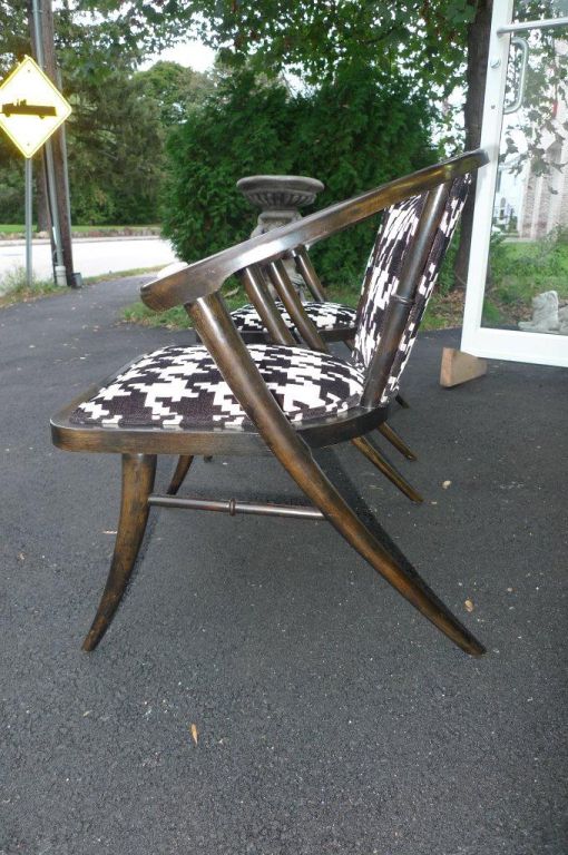 Pair of elegant chairs by Kenneth Froy with porcelain mounts newly upholstered in giant black & white houndstooth by Diamond Baratta for Lee Jofa fabrics.