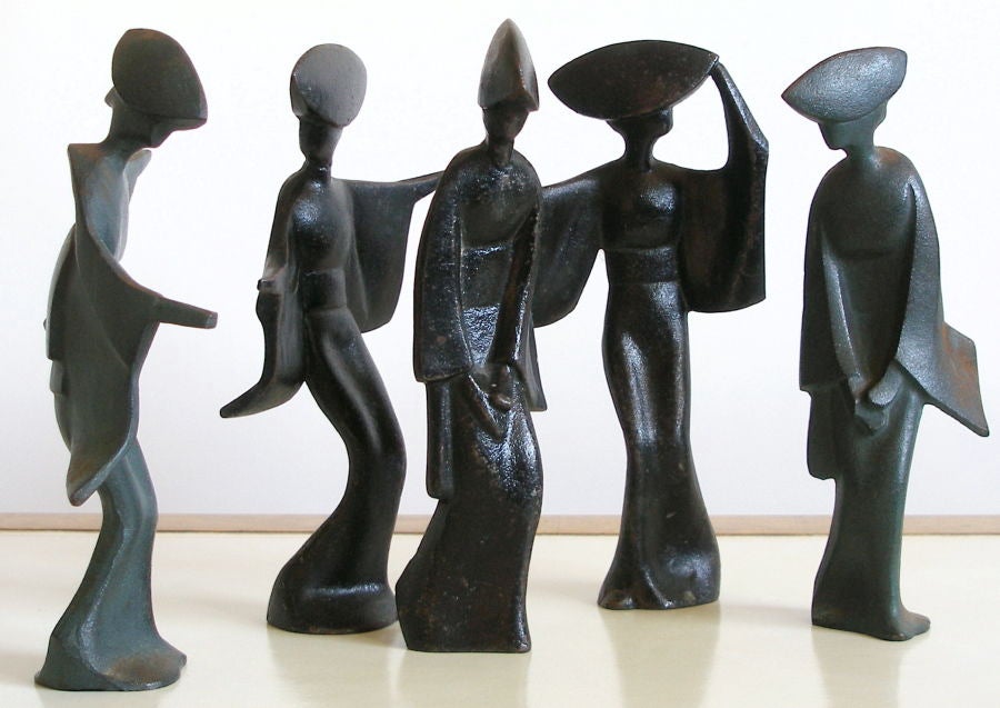 American Brutalist Cast Iron Geisha Figures