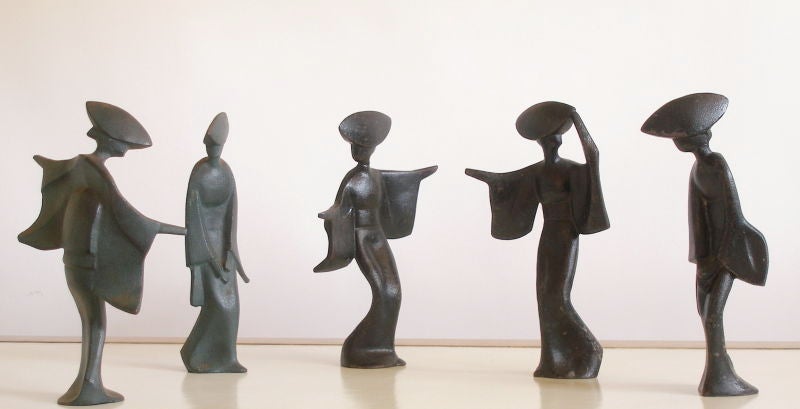 Mid-20th Century Brutalist Cast Iron Geisha Figures