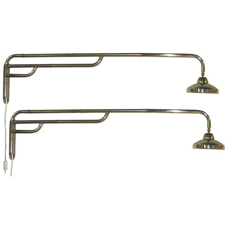 Pair of Extra Long Craft Made Industrial Chrome Swing Sconces For Sale