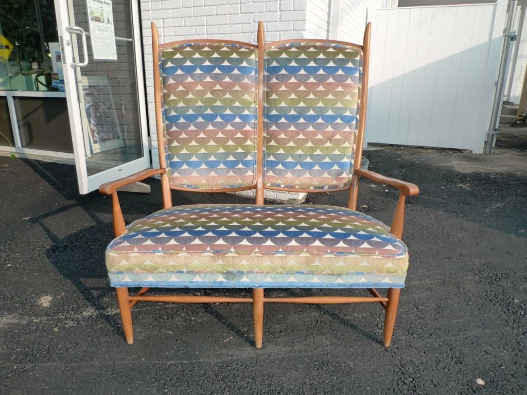 
High-back lithe two-seater vintage Italian style settee with elongated peak-formed rear supports and sinuous forward curling arms. A matching pair of chair also available. 

Made by Maxwell Royal of Hickory, NC.

See separate listings for two