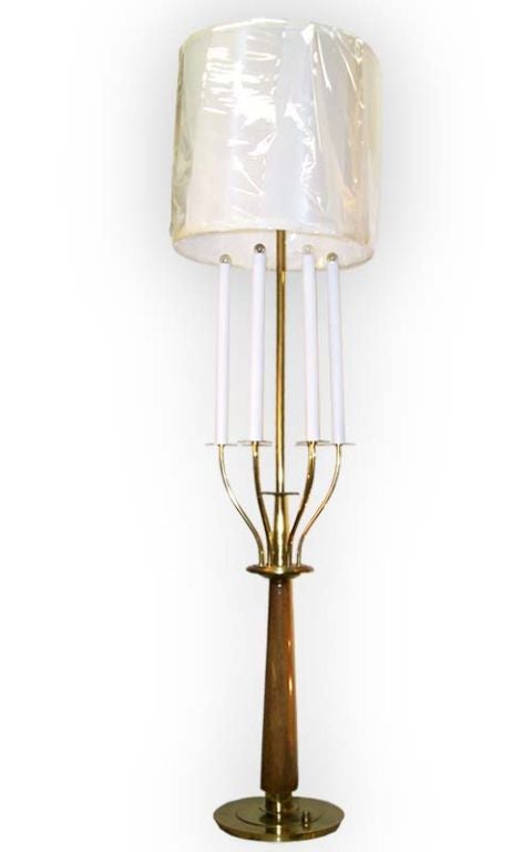 Tall Brass & Teak Candelabra Table Lamp For Sale