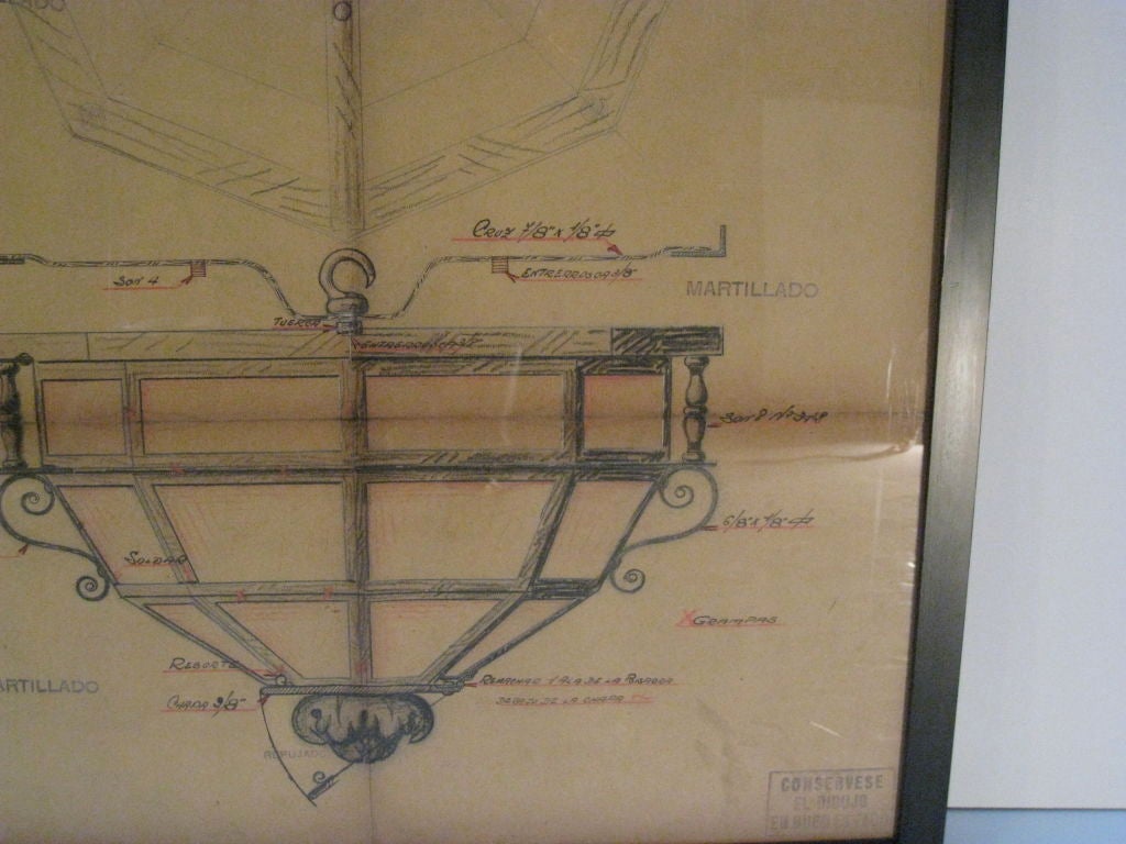 Jose Thenne was a master ironworker who worked in Argentina at the turn of the 20th century. This is an original construction drawing for one of his fixtures, archivally framed.