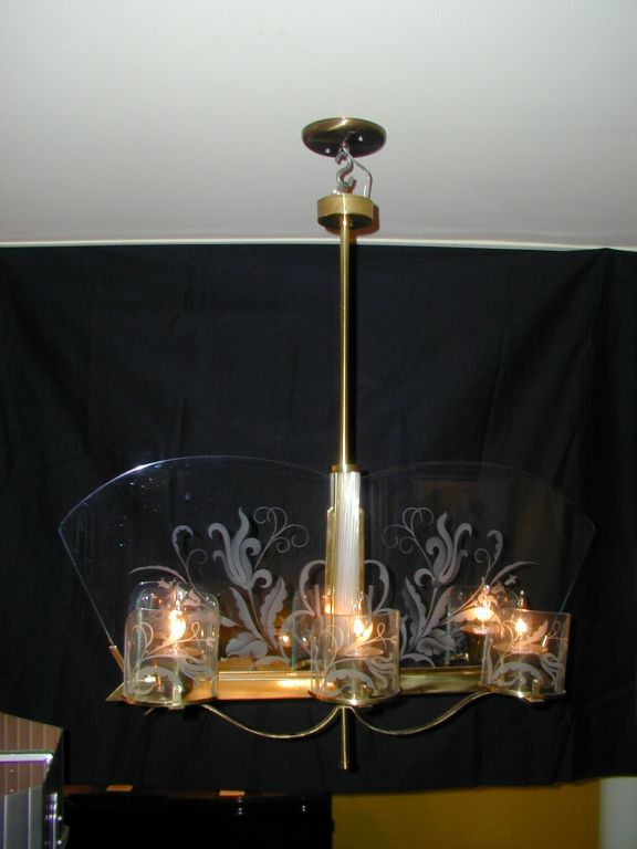 Etched Glass and Brass  Chandelier