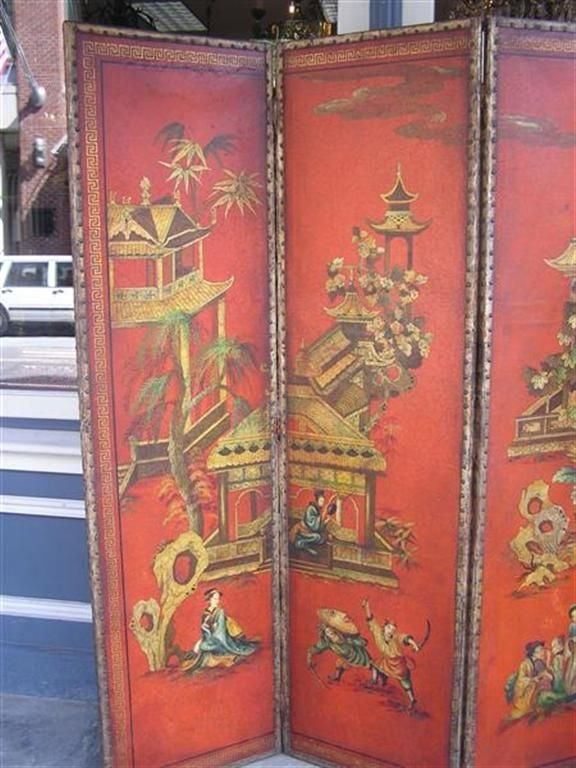 English four panel Chinoiserie hand painted leather screen with gilt Greek Key motif.