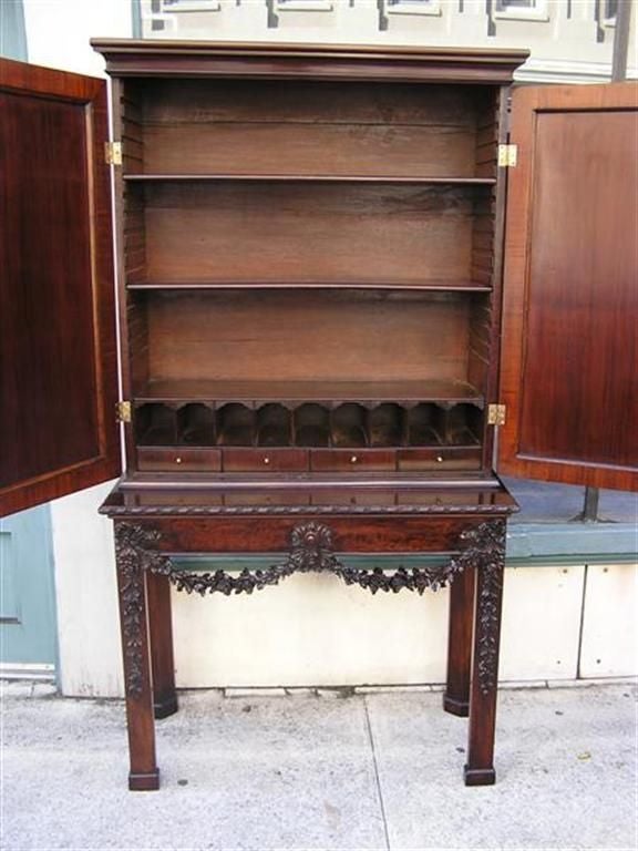 English Chippendale Mahogany Carved Floral Desk With Bookcase.  Circa 1770 For Sale 1