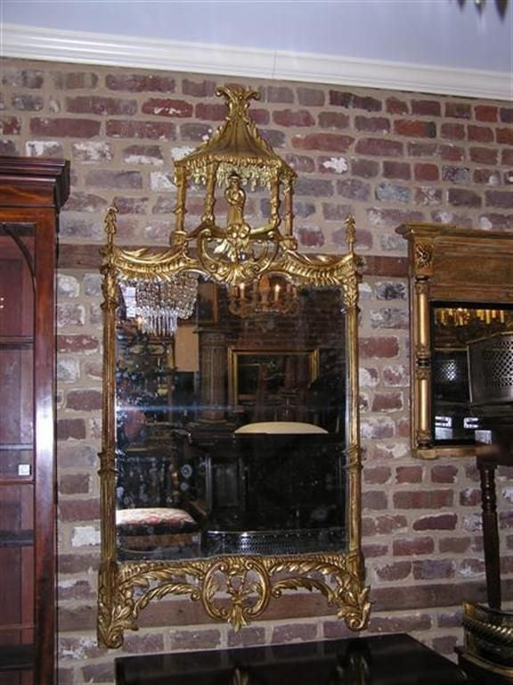 English Chippendale gold gilt and gesso carved mirror with Chinese figure of man and pagoda top