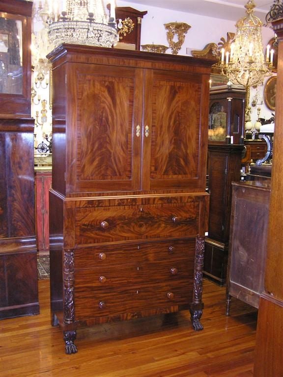 American Empire American Mahogany Acanthus Carved Linen Press.  Norfolk, VA. Circa 1820 For Sale