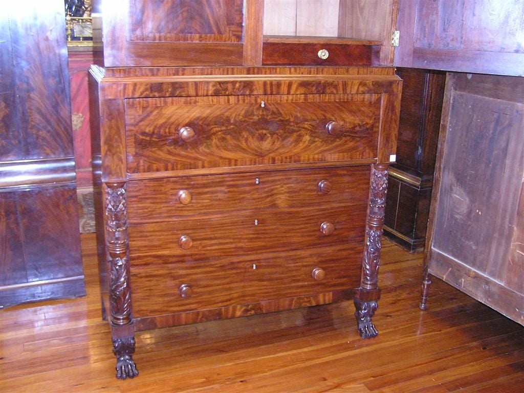 American Mahogany Acanthus Carved Linen Press.  Norfolk, VA. Circa 1820 For Sale 1