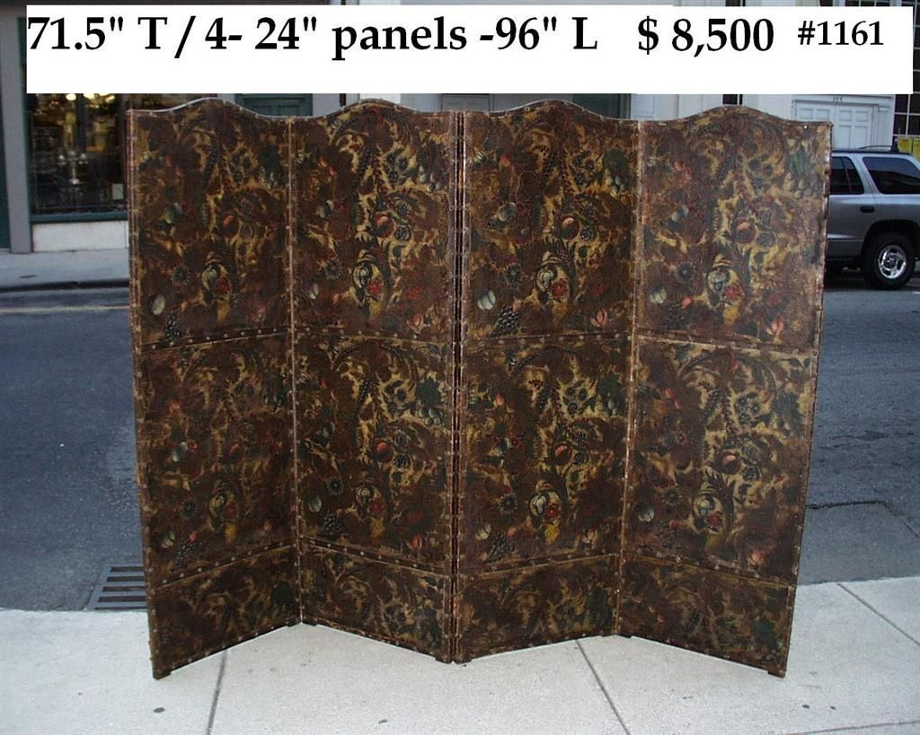Italian four panel painted and gilt leather screen with floral motif.