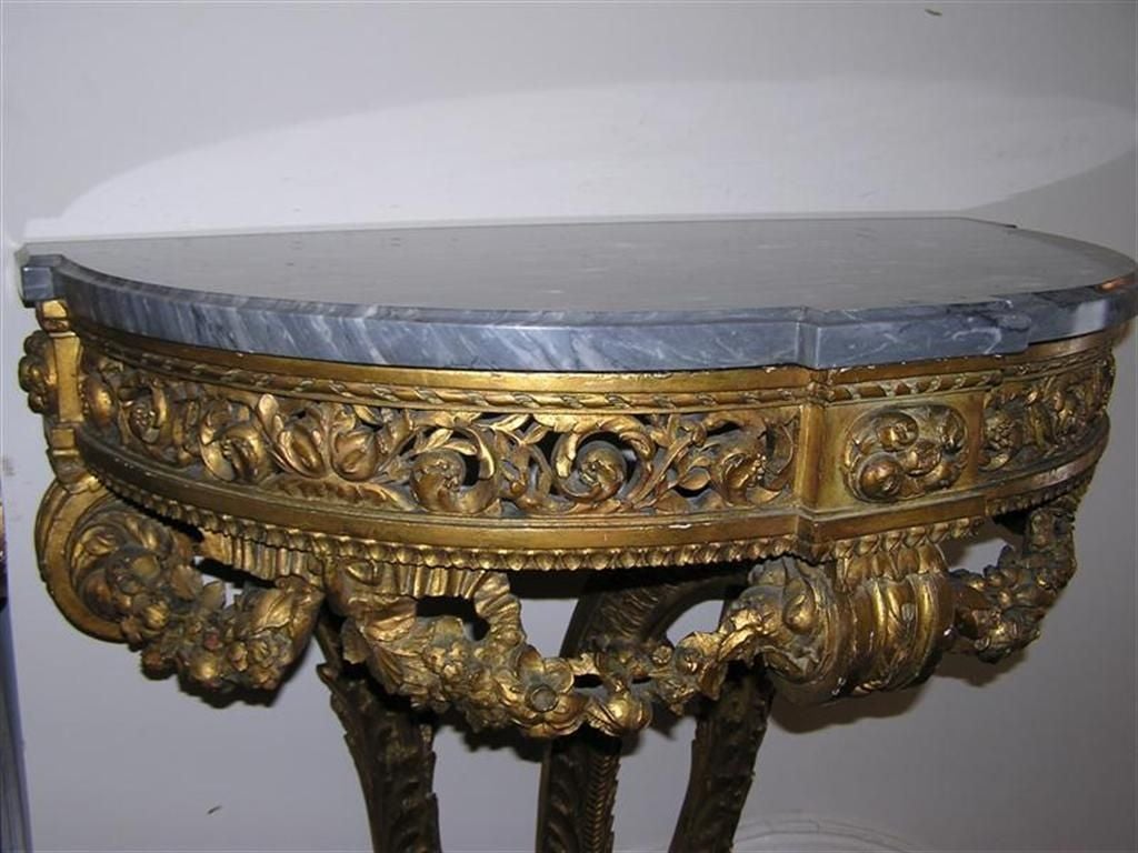 Louis XVI Pair of French Floral Gilt & Marble Top Demi-Lune Consoles , Circa 1790