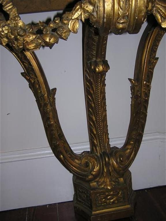 Pair of French Floral Gilt & Marble Top Demi-Lune Consoles , Circa 1790 In Excellent Condition In Hollywood, SC