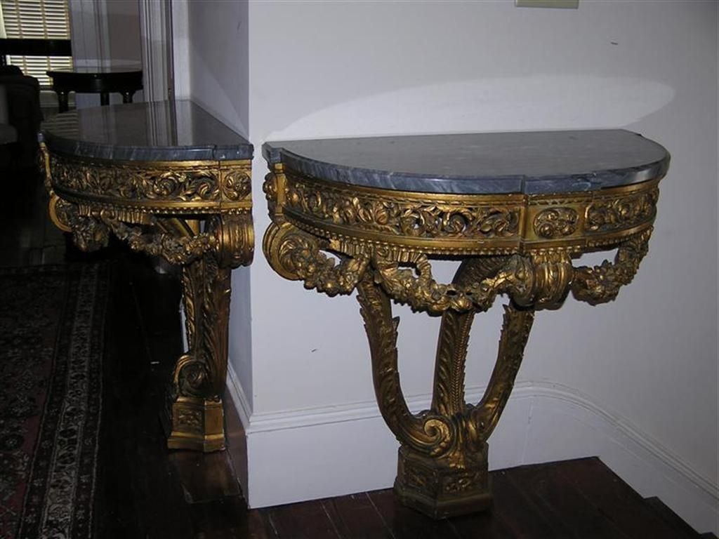 Late 18th Century Pair of French Floral Gilt & Marble Top Demi-Lune Consoles , Circa 1790