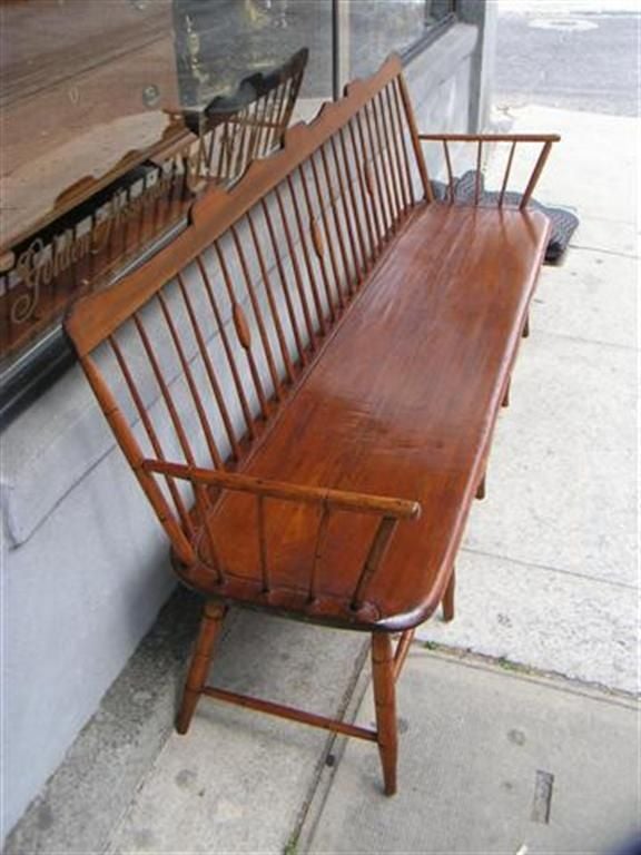 American Sheraton pine and maple Windsor bench with one board saddle seat and turned legs. Early 19th Century. 