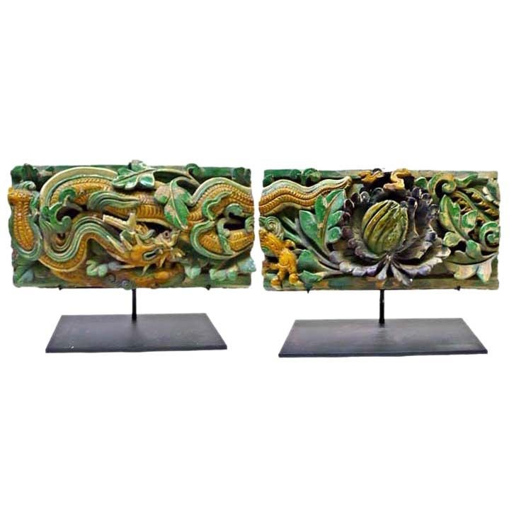 Pair Ming Dynasty Period Glazed Earthenware Wall Tiles  1368AD For Sale