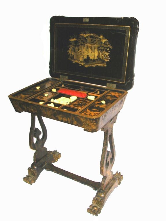 Chinese Export Lacquered and Gilded Sewing Table Circa 1840