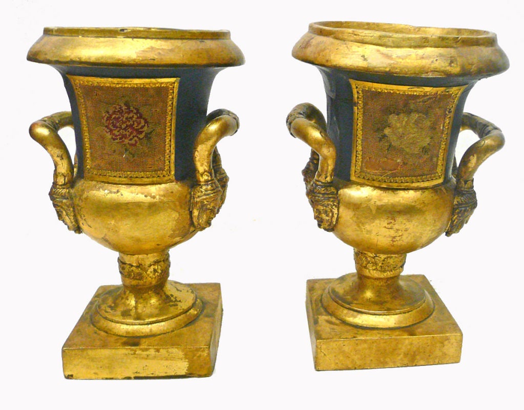 Rare Pair of Old Paris Style Papier Mache and Needlework Urns, 19th Century; made with papier mache and inset with needlework- these unique vases are modeled in the fashion of porcelain pieces made in paris in the 1840's. www.TraceMayer.com