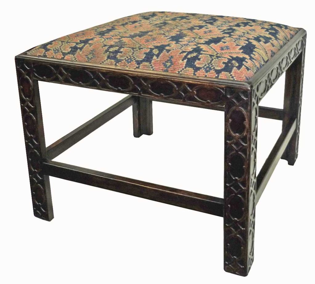 American Pair of Chinese Chippendale Style Upholstered Foot Stools