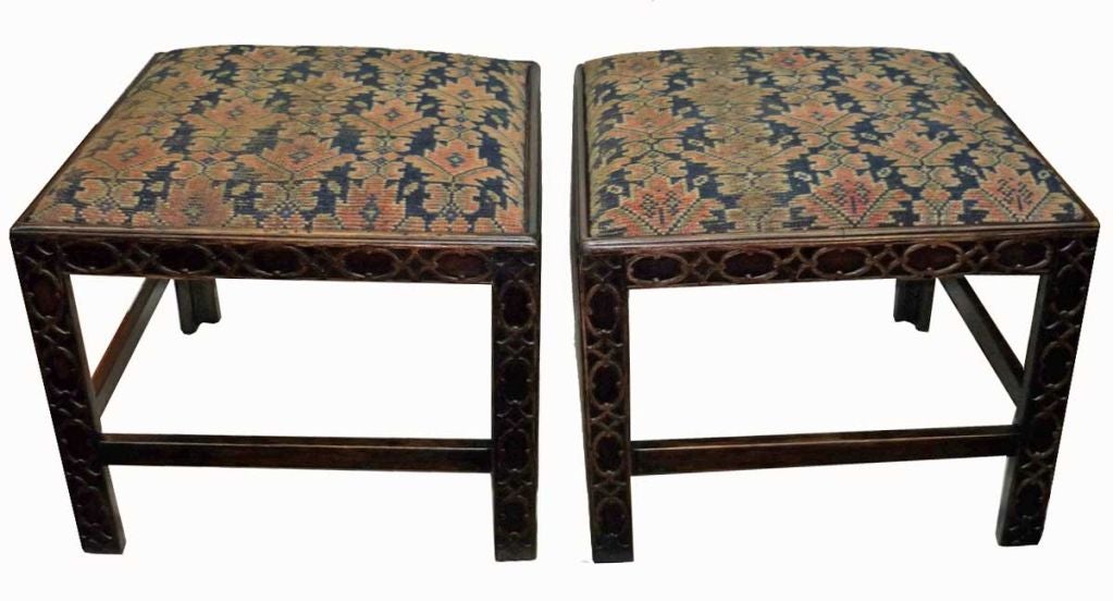 Pair of Chinese Chippendale Style Upholstered Foot Stools 2